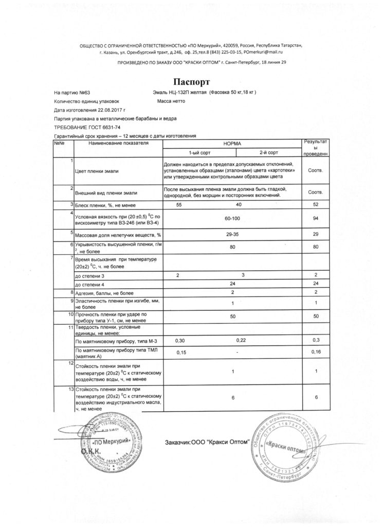 Изображение паспорта качества на эмаль НЦ-132 желтого цвета